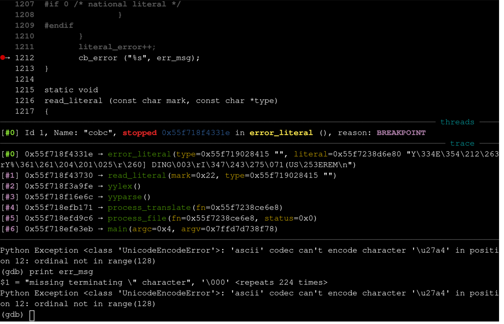 error_literal breakpoint